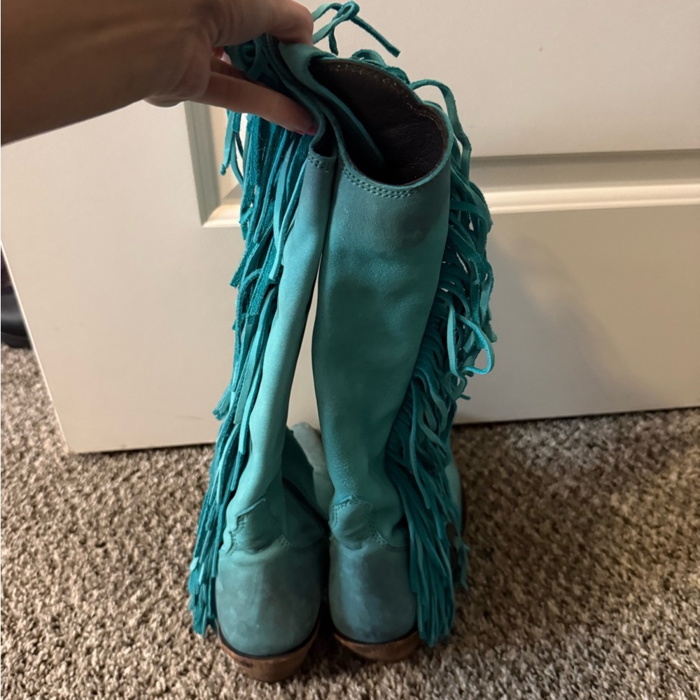 LIBERTY Black Turquoise Heeled Boots with Fringe - Picture 3 of 8